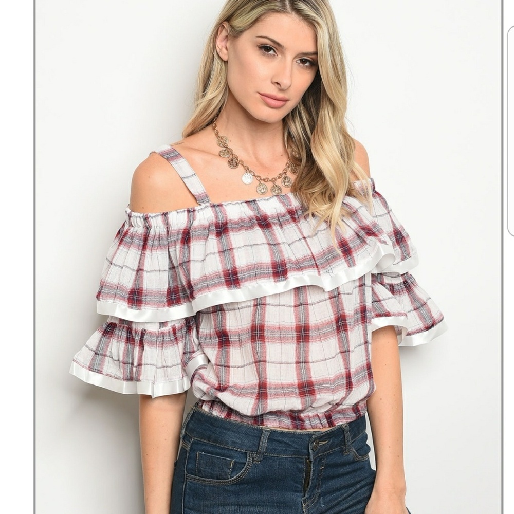 💦 WINE PLAID RUFFLE TOP - Picture 2 of 3